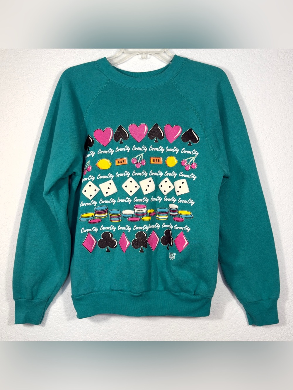Tultex Teal Graphic Crewneck Sweater with Pink & Black Accents M